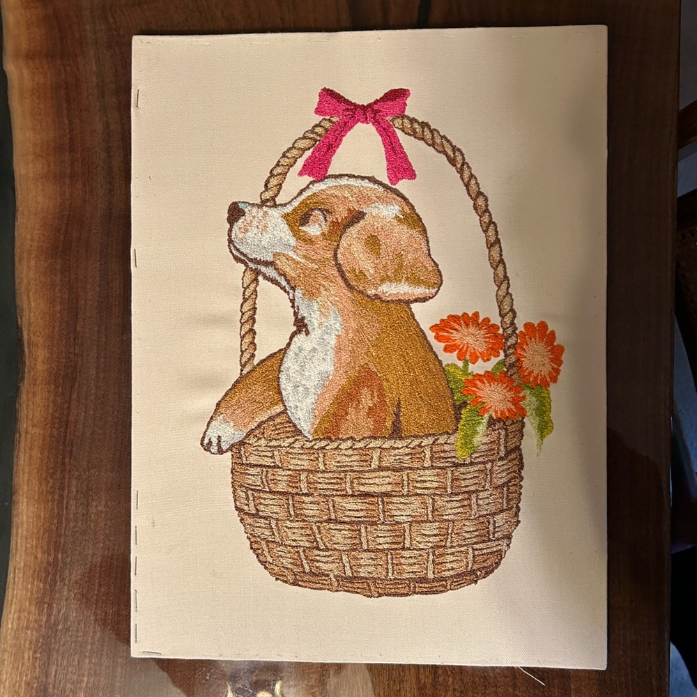 Vintage 1970’s Tokyo Bunka Japanese Punch Needlepoint Puppy in Basket Wall Art